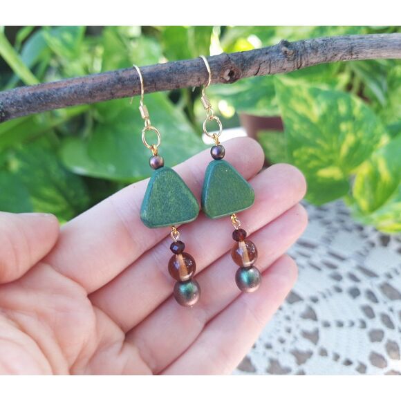 Green Wooden Triangle 18k Gold Dangle Earrings Boho Jewelry Hippie Gifts Artsy - Picture 1 of 8